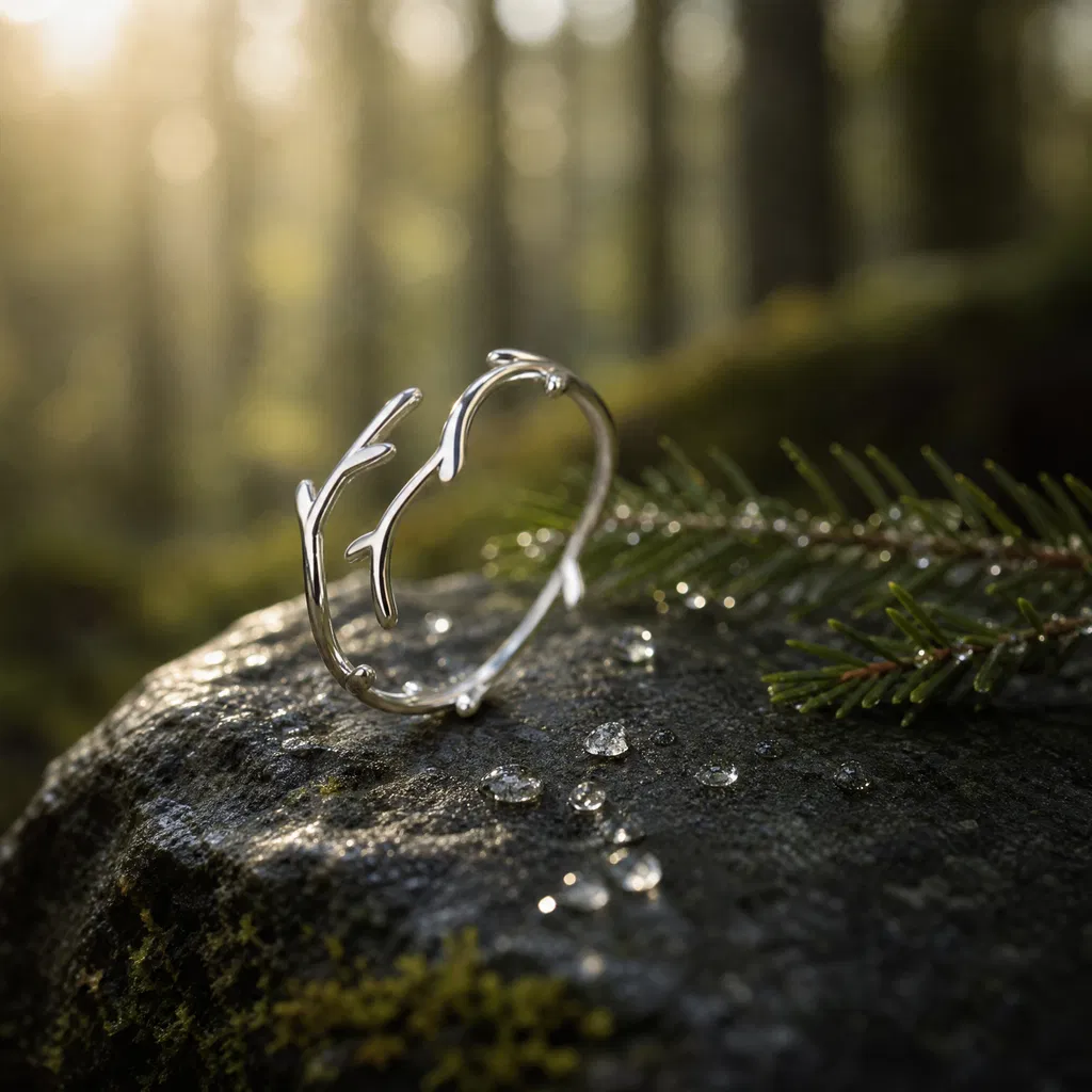 A silver ring designed to look like small branches or antlers, resting on a mossy rock with pine needles and water droplets in a sunlit forest setting.