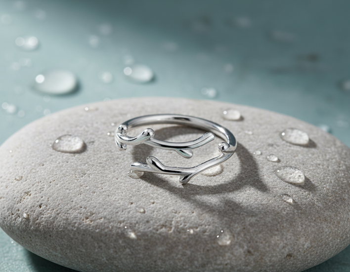 A silver ring with a branch-like, organic open design, resting on a smooth gray stone covered in water droplets against a soft teal-blue background.