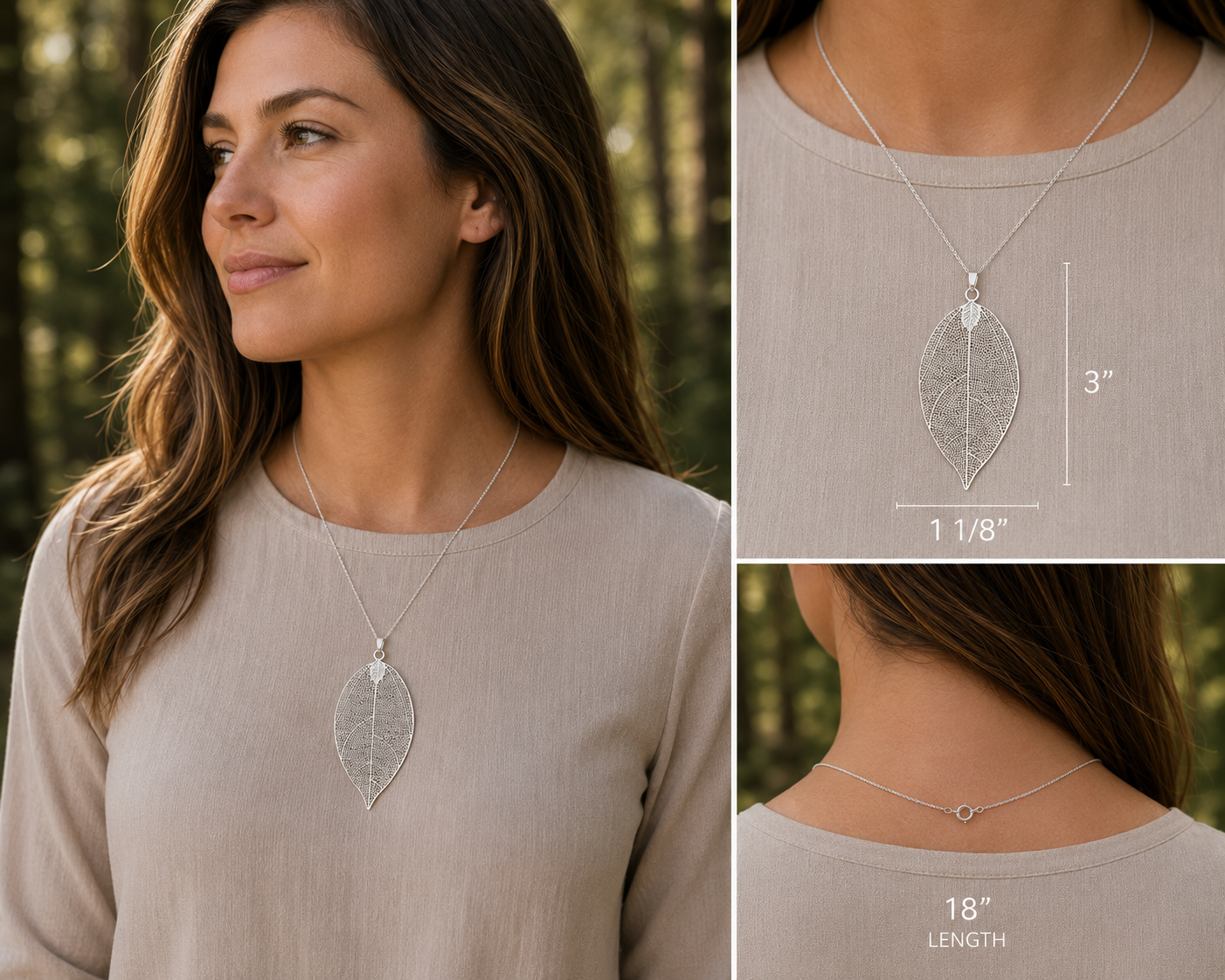 A woman wearing a silver leaf pendant necklace in an outdoor forest setting, with a three-panel inset showing the necklace from the front, close-up measurements (3 inches long, 1 1/8 inches wide), and back length (18 inches).
