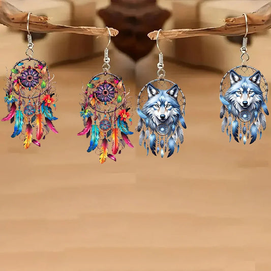 Two Pairs of Bohemian-style Acrylic Dreamcatcher Earrings - Featuring Vibrant Feathers and a Wolf Design, with Stainless Steel