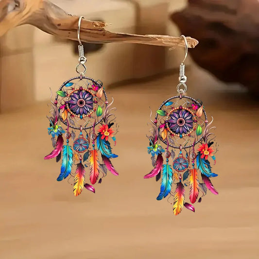 Two Pairs of Bohemian-style Acrylic Dreamcatcher Earrings - Featuring Vibrant Feathers and a Wolf Design, with Stainless Steel