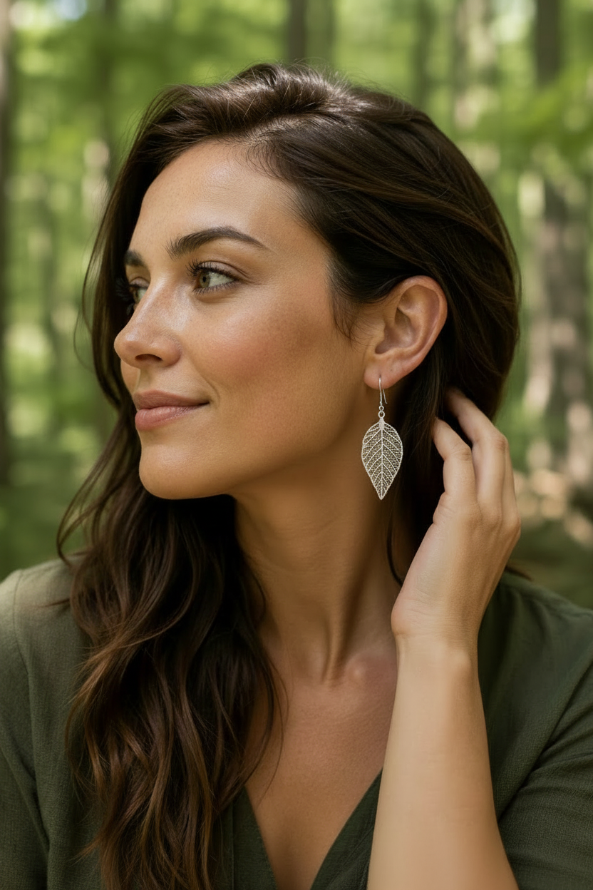 A woman with long brown hair wearing a silver leaf-shaped dangle earring, photographed outdoors against a blurred green forest background.