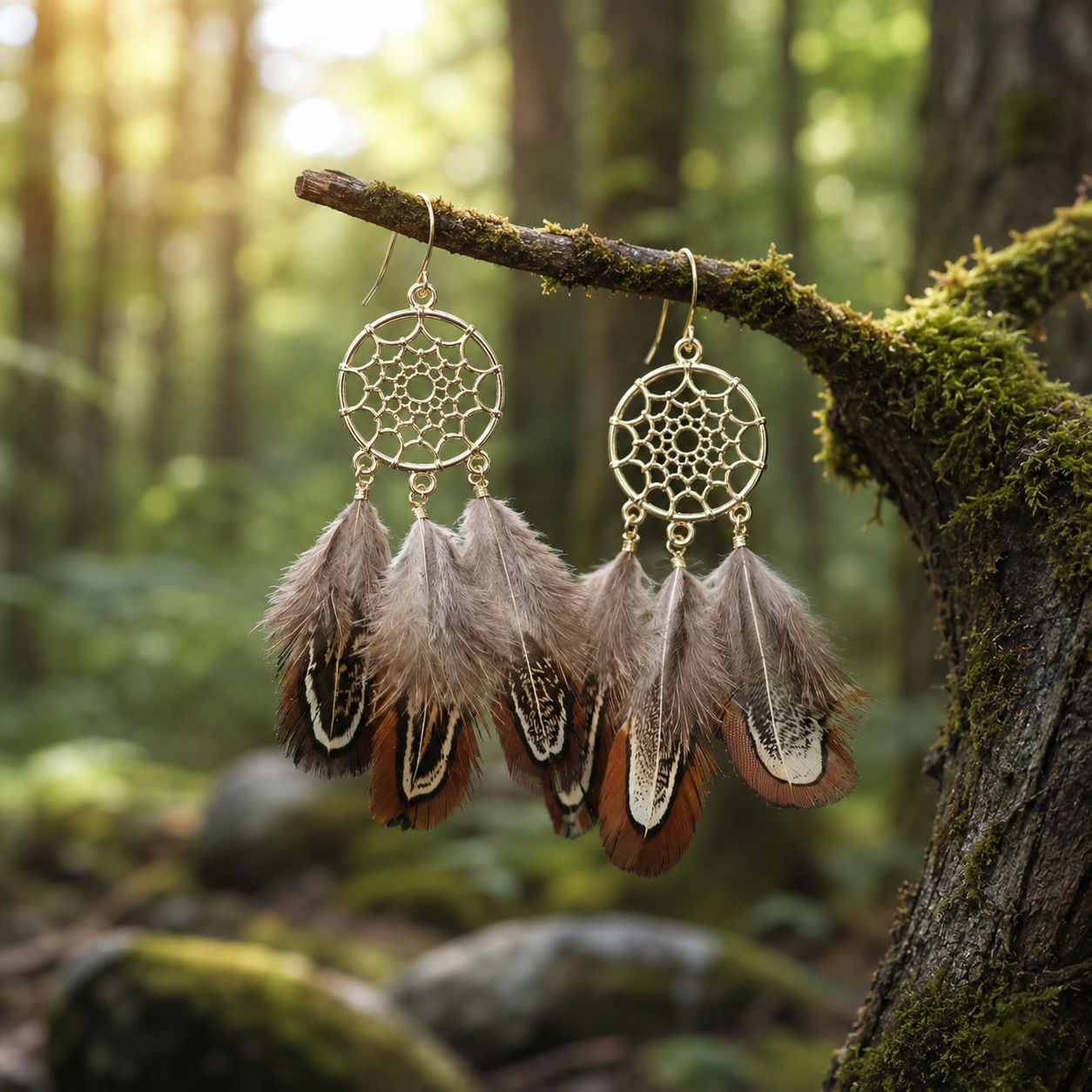 A pair of dreamcatcher-inspired dangle earrings hanging from a mossy tree branch in a forest.  The earrings have a dream catcher  design with three clusters of pheasant  feathers.