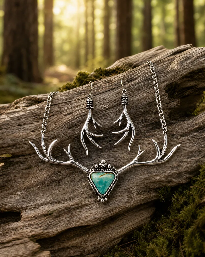 Silver-toned antler necklace and matching drop earrings with a synthetic turquoise triangular stone pendant, displayed on a weathered log in a forest setting.